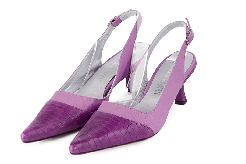 Mauve purple women's slingback shoes. Pointed toe. Medium spool heels. Front view - Florence KOOIJMAN